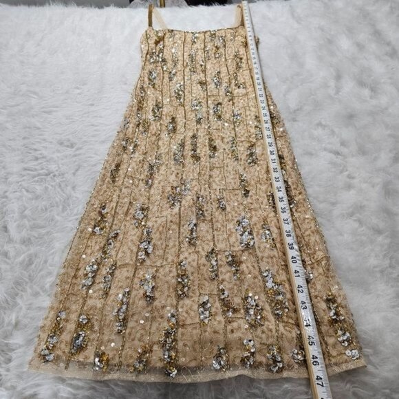 MAC DUGGAL Square Neck Golden Striped Sequin Sleeveless Midi Dress 8 - Picture 6 of 12